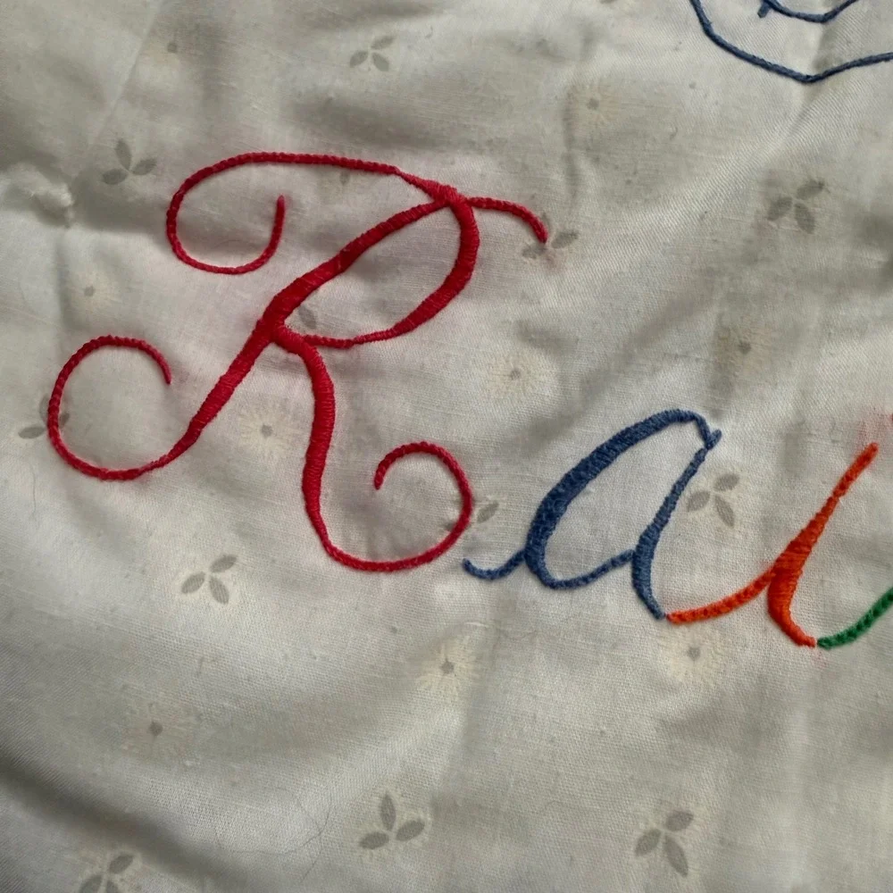 Vintage Rainbow & Clouds Ruffled Baby Quilt & Pillow Case Embroidered Nursery